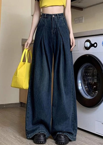 Denim Blue Button Pockets Denim Wide Leg Pants Summer