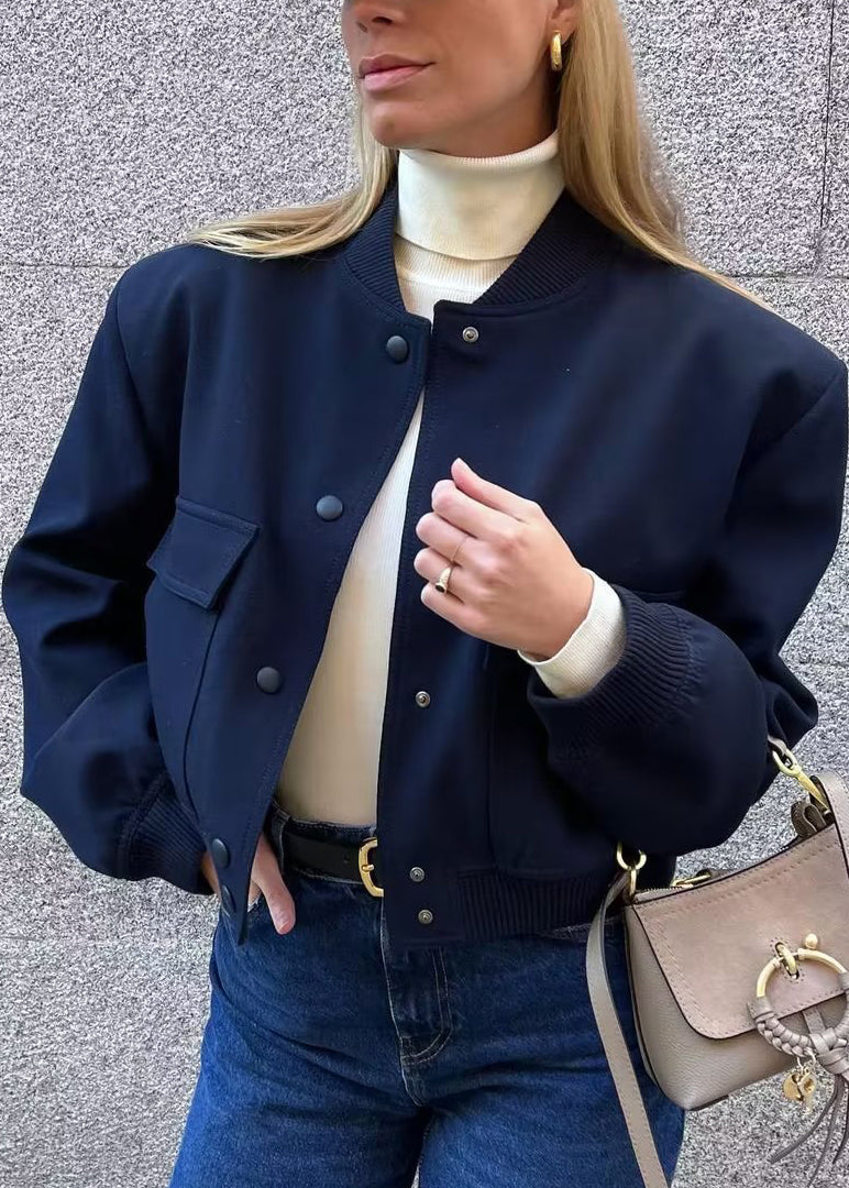 Navy Stand Collar Pockets Cotton Jacket Fall