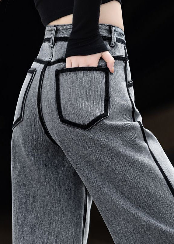 New Grey Pockets Striped Patchwork Denim Pants Spring