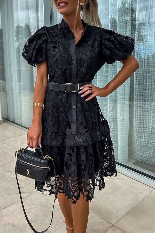 Absolutely Crochet Lace Puff Sleeve Belted Shirt Midi Dress