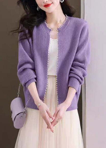 Purple Nail Bead Knit Fall Cardigan O Neck