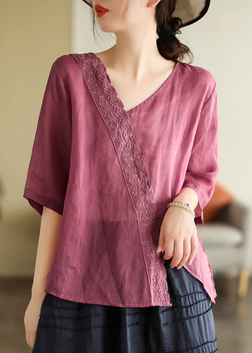 White V Neck Lace Patchwork T Shirt Short Sleeve