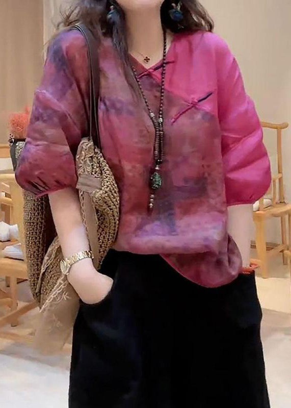 Rose V Neck Print Button Linen Shirt Half Sleeve