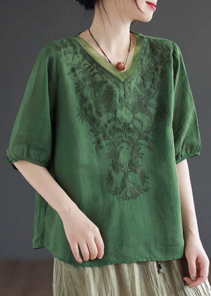 Boutique Yellow V Neck Embroidered Patchwork Linen T Shirt Summer