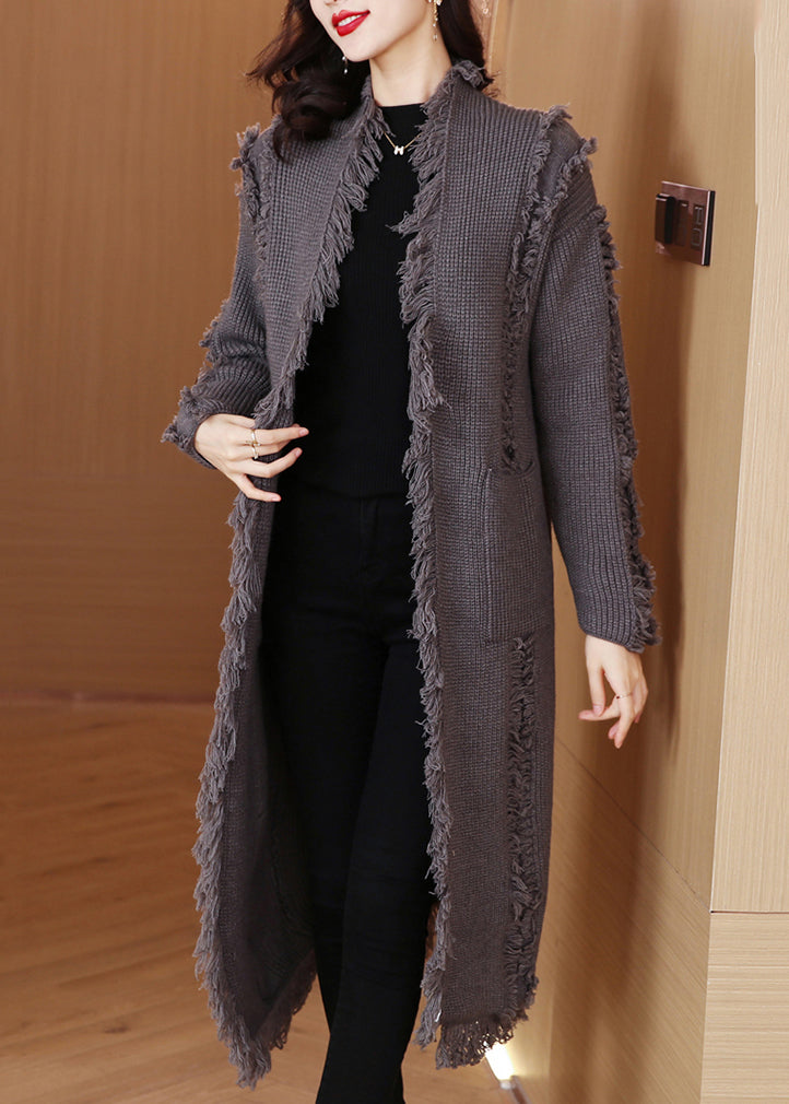 Grey Tasseled Pockets Knit Cardigan Winter
