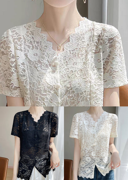 Black Hollow Out Lace Summer Shirt V Neck
