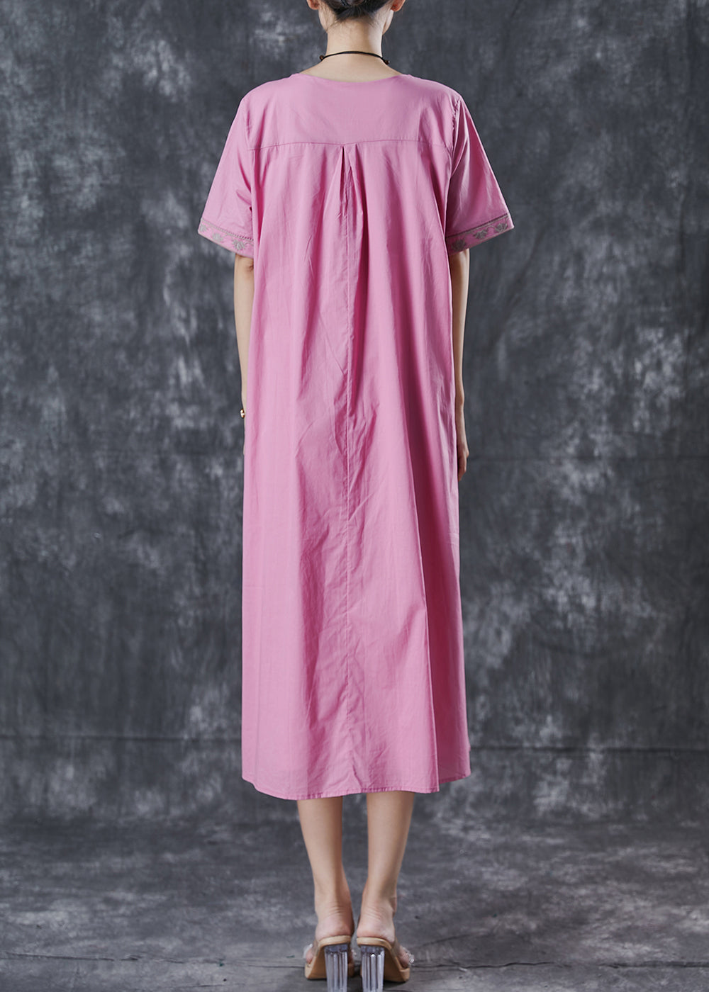 Pink Embroidered Cotton Long Dress Summer