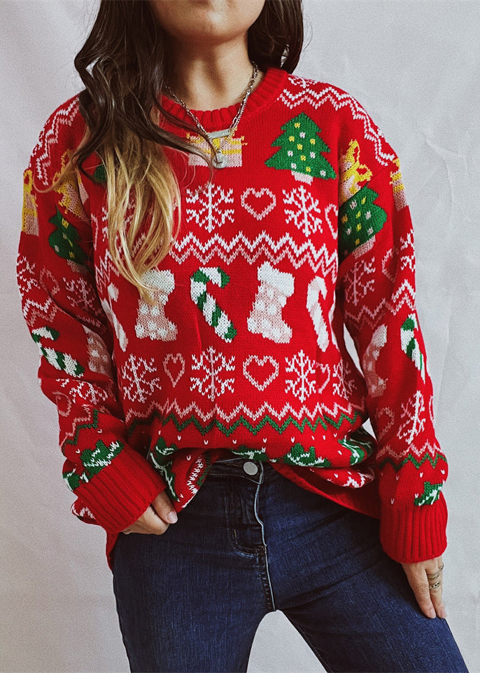 Stylish Red O Neck Jacquard Thick Christmas Knitted Sweaters Winter