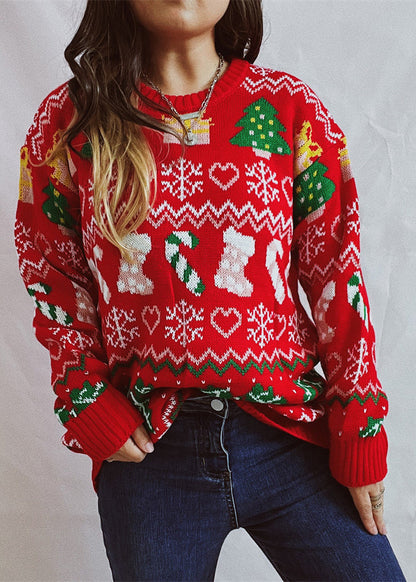 Stylish Red O Neck Jacquard Thick Christmas Knitted Sweaters Winter