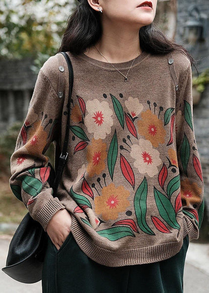 Italian Khaki O-neck Print Button Fall Sweater
