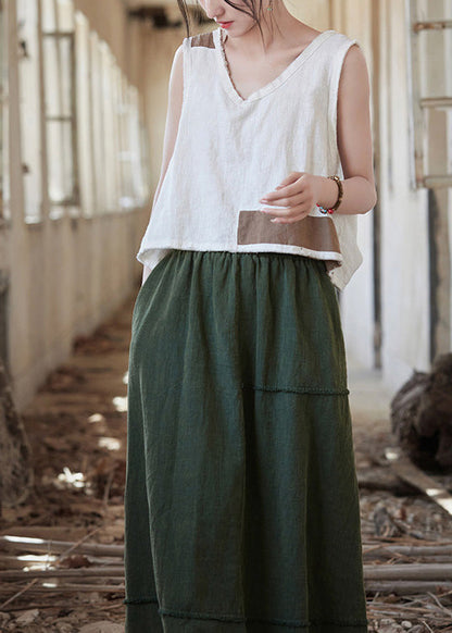 White V Neck Patchwork Linen Shirt Top Sleeveless