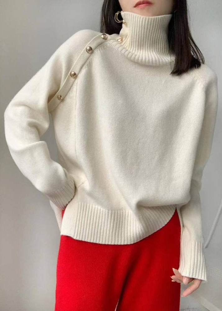 White High Neck Side Open Knit Sweaters Winter