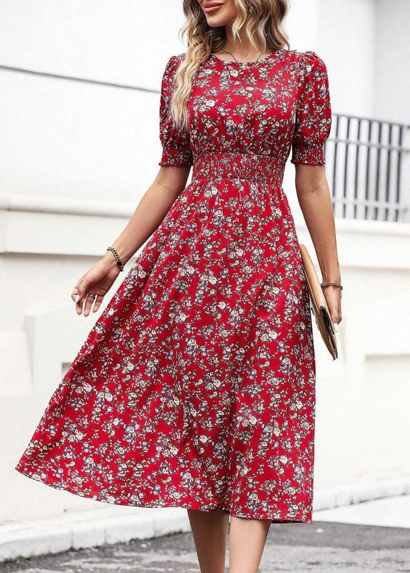 Red O-neck Puff Sleeve Print Cotton Dress Summer