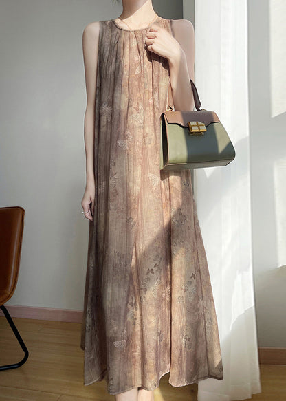 Brown O Neck Print Cotton Long Dress Sleeveless
