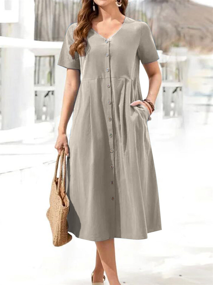 Loose Cotton Linen V-neck Single-row Multi-button Short-sleeved Large Yards Wind Dress