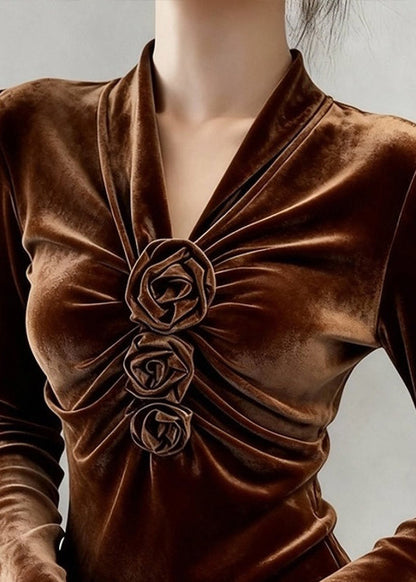 Coffee V Neck Wrinkled Silk Velour T Shirt Winter