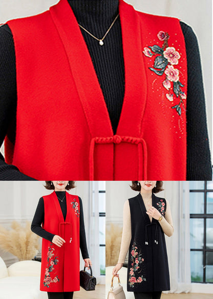 Red Long Wool Knit Waistcoat Embroidered Sleeveless
