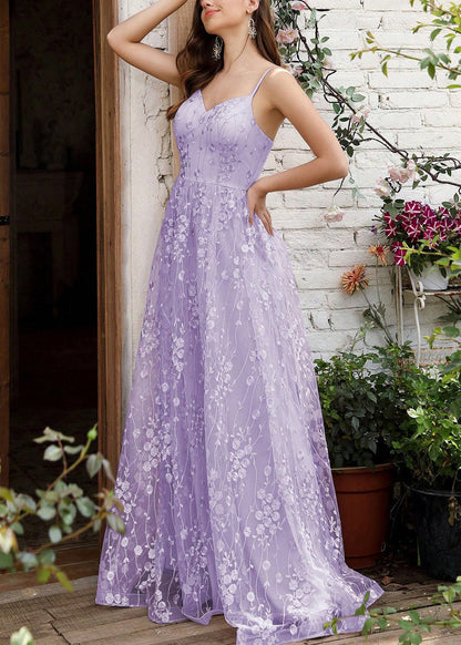 Purple Embroidered Backless Tulle Spaghetti Strap Dress Sleeveless