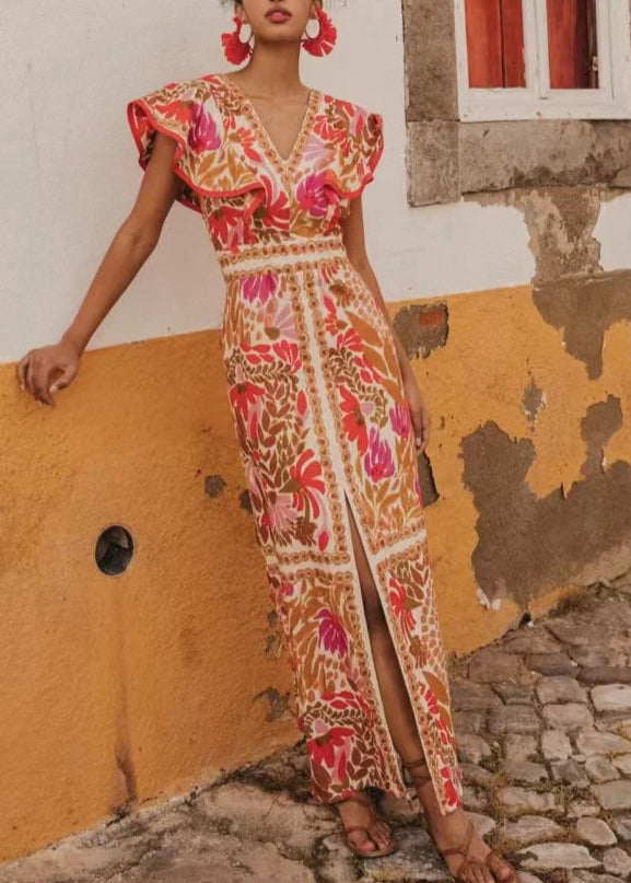 Orange V Neck Print Cotton Long Dresses Butterfly Sleeve
