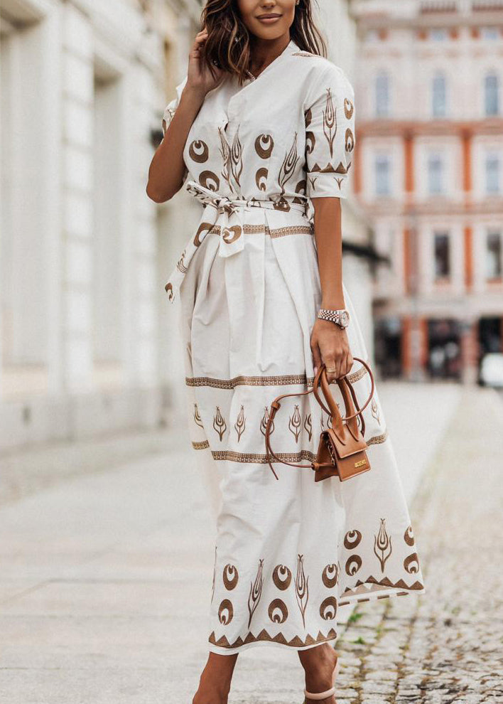 Stylish Green Stand Collar Print Tie Waist Cotton Dress Summer