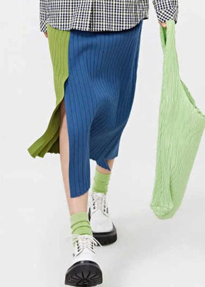 Blue Splicing Skirt Slit Design Knit a Line Skirts