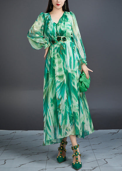 Green V Neck Print High Waist Chiffon Dress Butterfly Sleeve