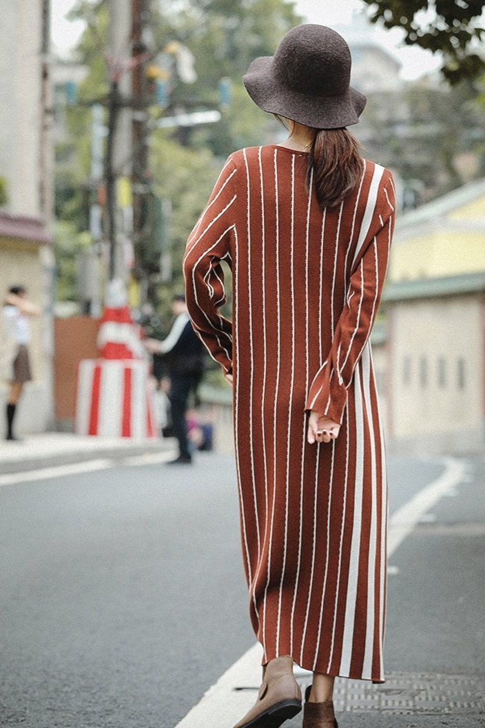 Brown Striped Maxi Sweater Dresses for
