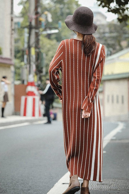Brown Striped Maxi Sweater Dresses for