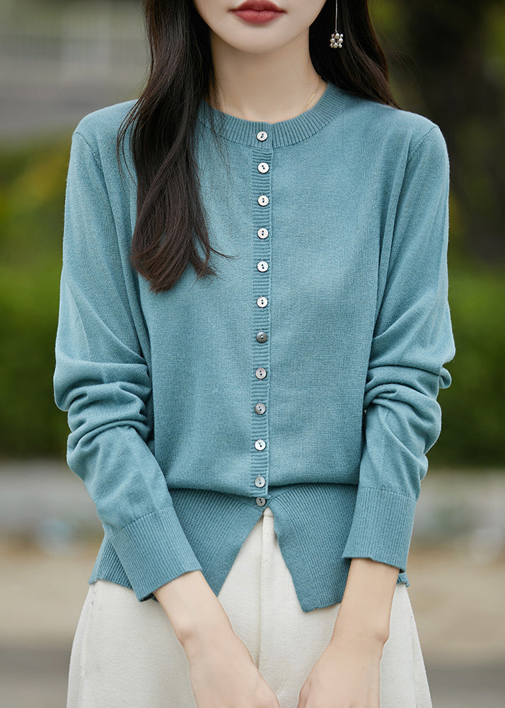 Simple Blue O Neck Button Woolen Coat Spring
