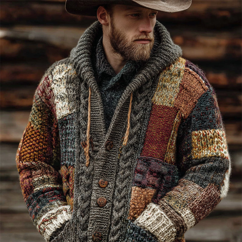 Men's Vintage Western Colorblock Patchwork Cable Knit Hooded Cardigan artswardrobe