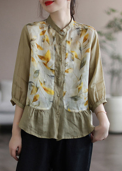 Khaki Peter Pan Collar Print Linen Shirt Long Sleeve