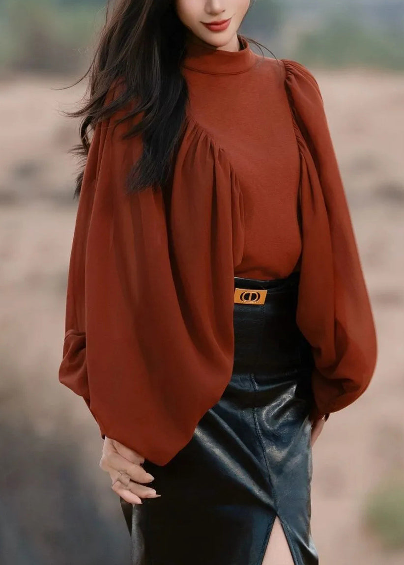 New Red Wrinkled Zippered Chiffon Patchwork Blouses Fall