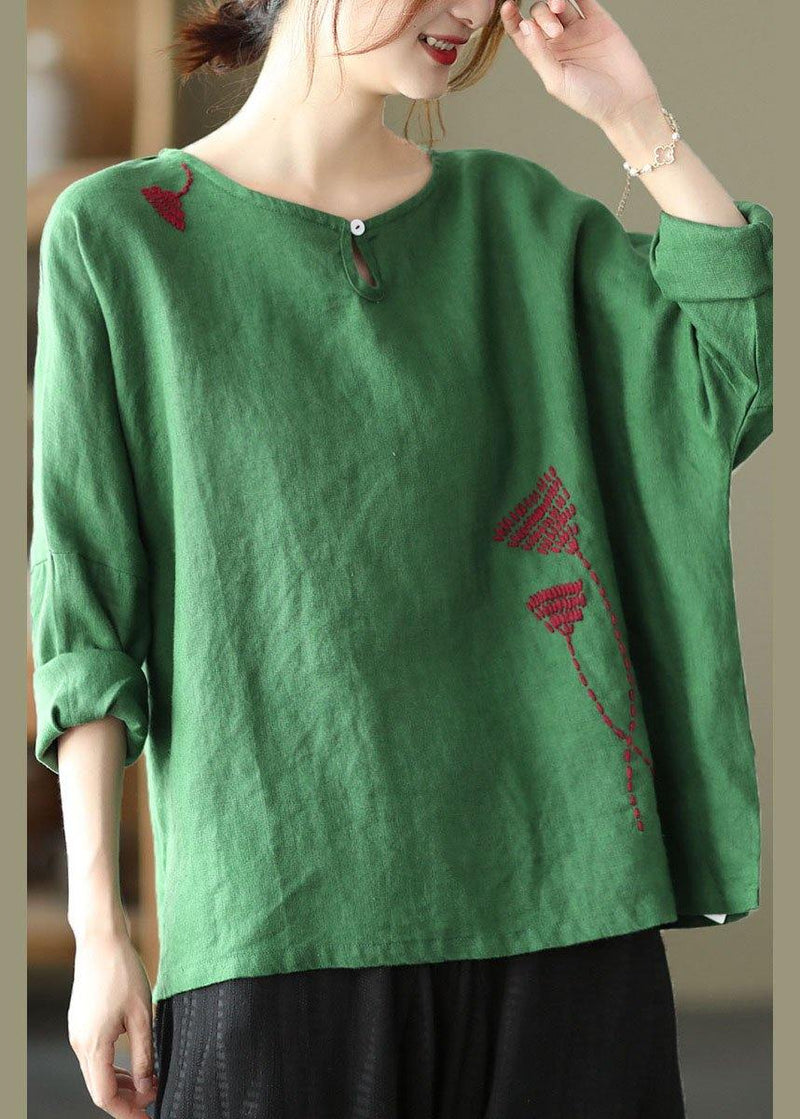 Green Loose Embroidered Fall Linen Shirt Tops Long Sleeve