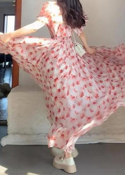 Pink Ruffled Print Chiffon Long Dresses Short Sleeve