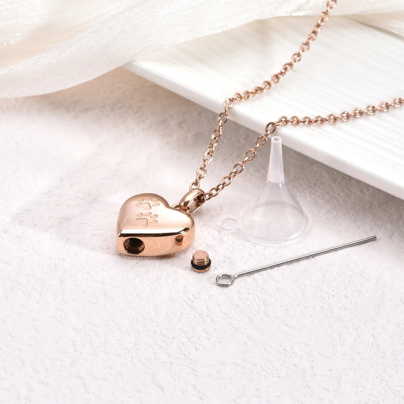 Pet Memorial Urn Necklace – Heart-shaped Pendant With Paw Engraving