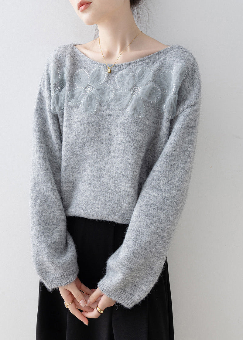Grey O Neck Sequins Knitted Sweaters Spring