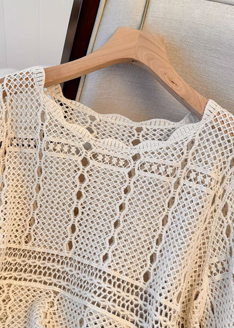 French Beige Hollow Out Cozy Knit Top Flare Sleeve