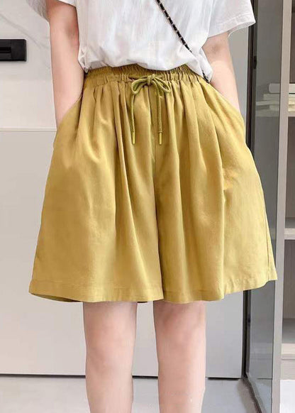 Simple Yellow Pockets Elastic Waist Cotton Shorts Summer