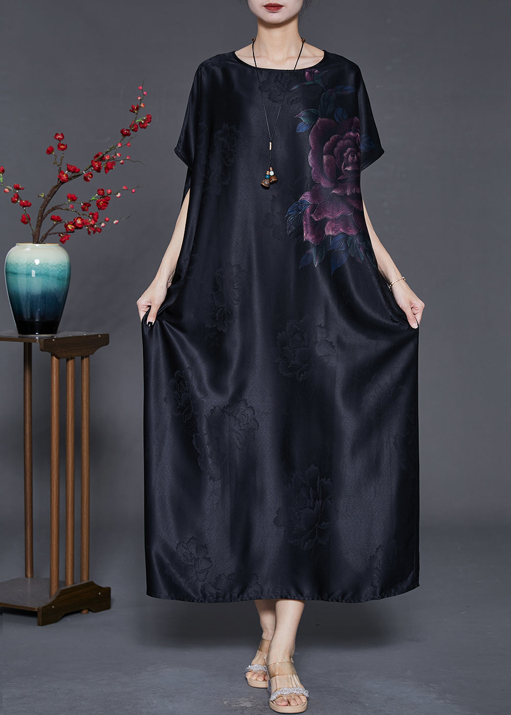 Black Oversized Jacquard Silk Long Dress Summer