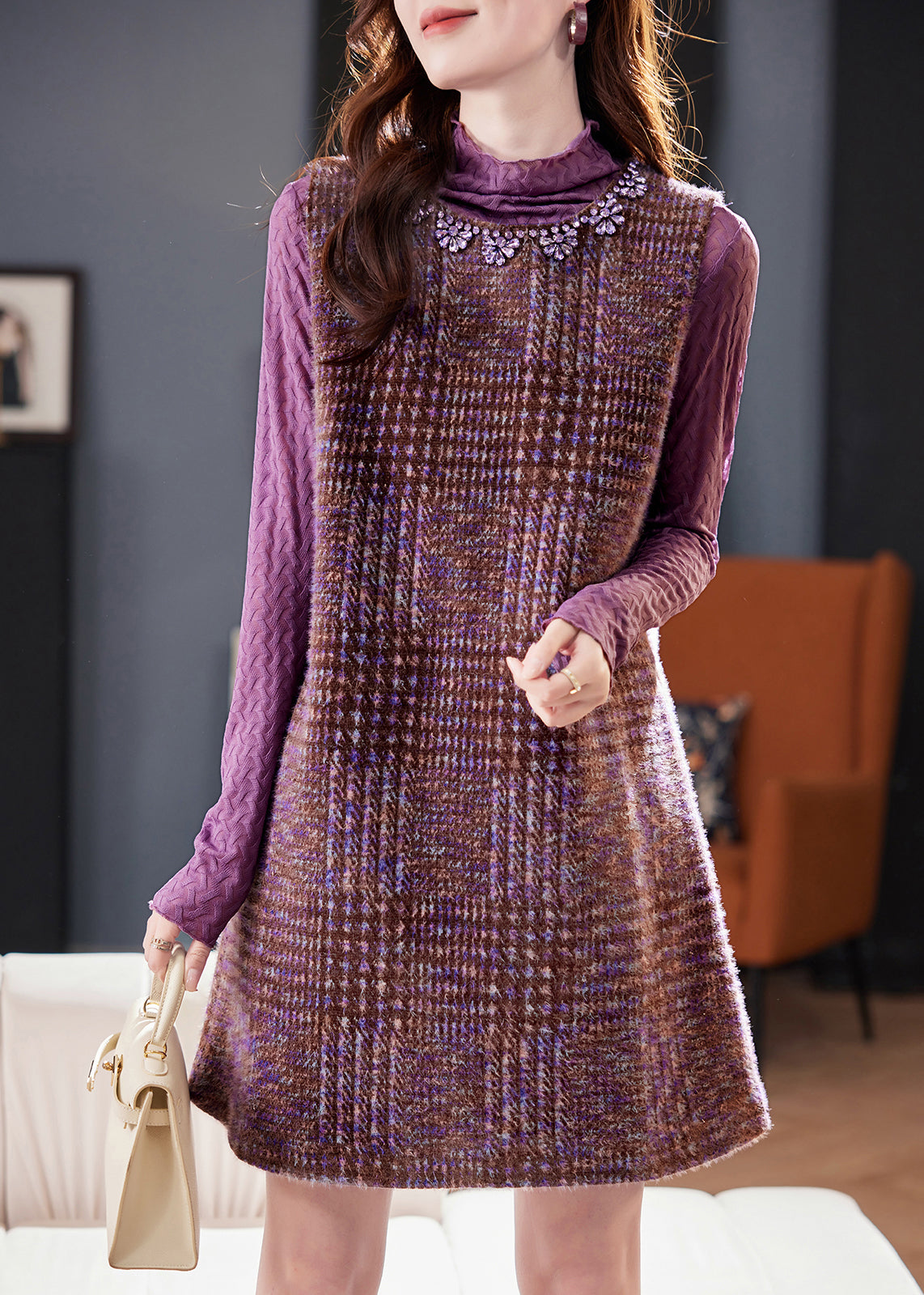 Slim Fit Purple Zircon Pockets Tank Dress and T Shirt Cotton Two Pieces Set Winter