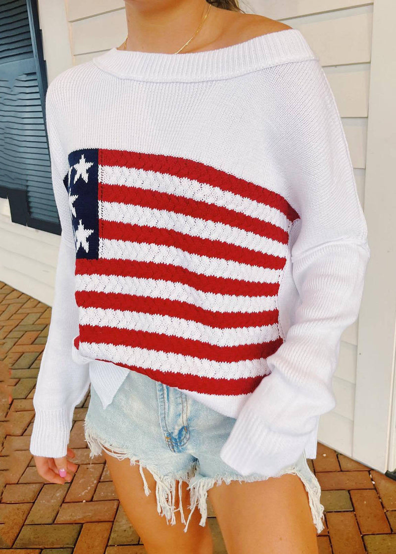 New White O Neck Striped Knit Pullover Spring