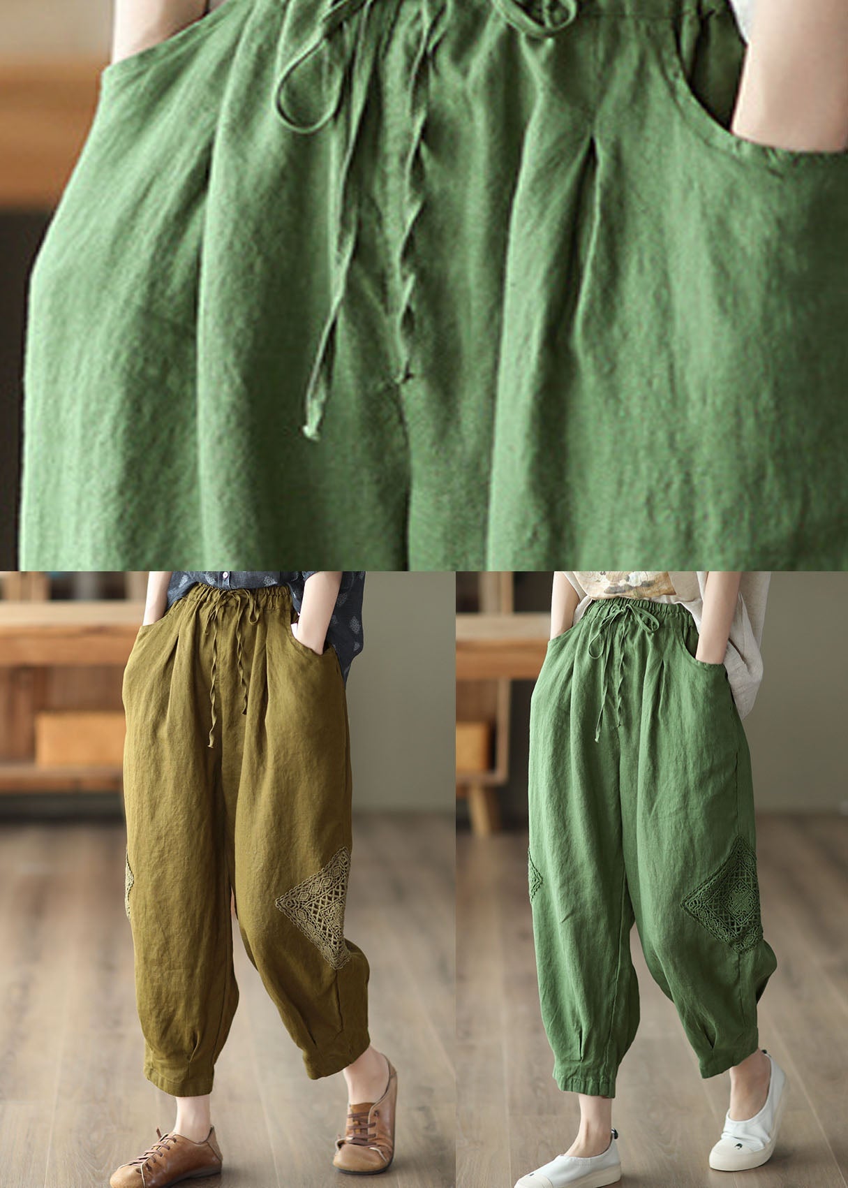 Khaki Lace Patchwork Linen Crop Pants Elastic Waist Fall