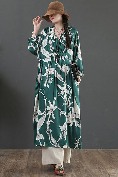 -spring New Cotton Linen Dress Yellow Print Long Dress