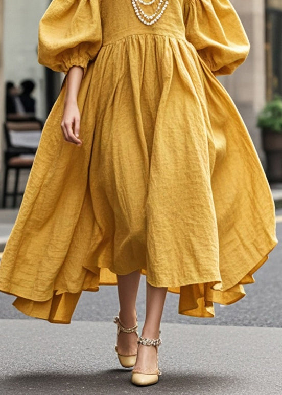 Yellow Exra Large Hem Cotton Maxi Dresses Lantern Sleeve