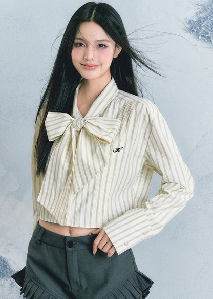 Light Yellow Bow Striped Patchwork Top Fall