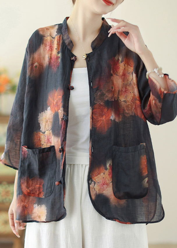 Black Mandarin Collar Print Linen Tops Spring