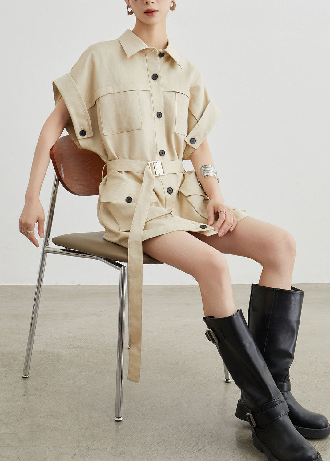 Khaki Workwear Style Pockets T-shirt Dress Summer