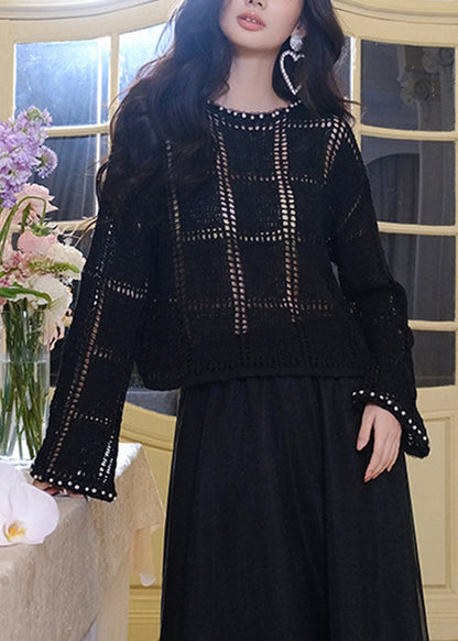 New Black Hollow Out Pearl Zircon Knit Tops Fall