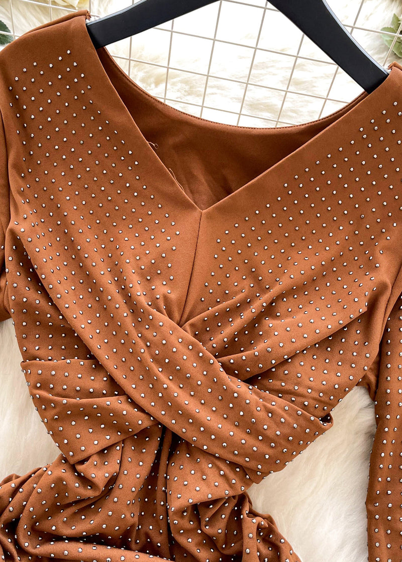 Silm Fit Coffee Zircon Cotton Wraped Dress Spring