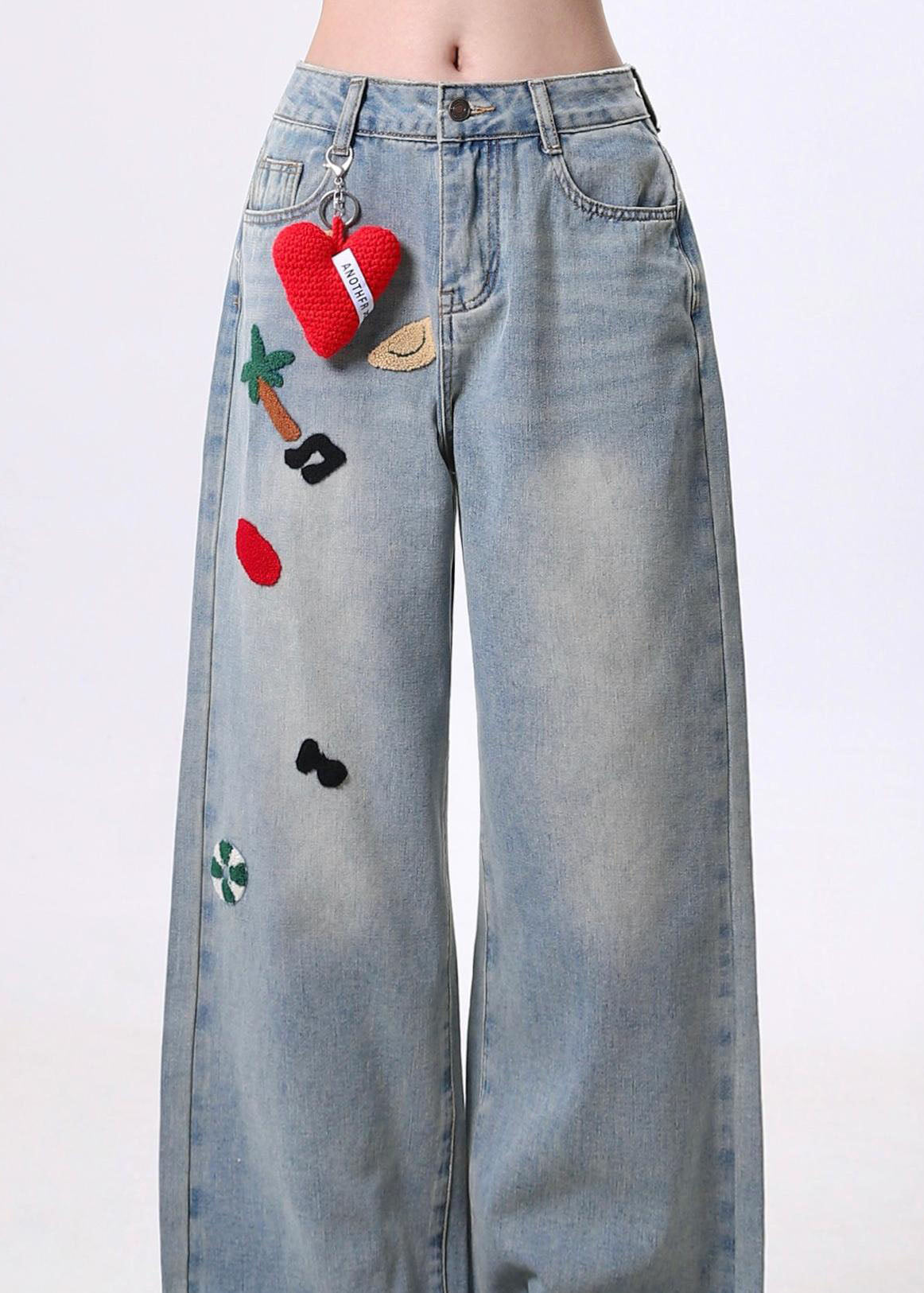 Blue Embroidered Pockets Denim Pants Spring
